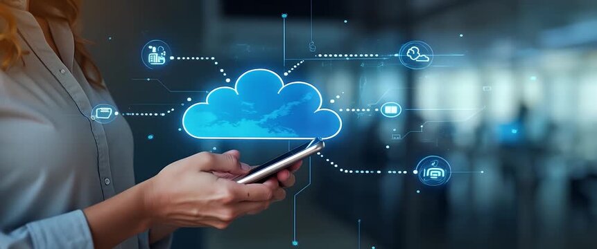 A professional woman interacts with a smartphone as digital cloud icons animate around her in a modern office; camera slowly pans to reveal more of the futuristic, technology-focused workspace in a ci