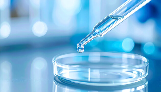 Laboratory pipette dispensing sample liquid into petri dish, biomedical research, scientific experiment