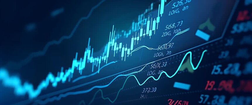 Cinematic financial data chart in motion with fluctuating graphs and stock prices, as the camera slowly pans across the dynamic digital display, capturing market trends and analysis.