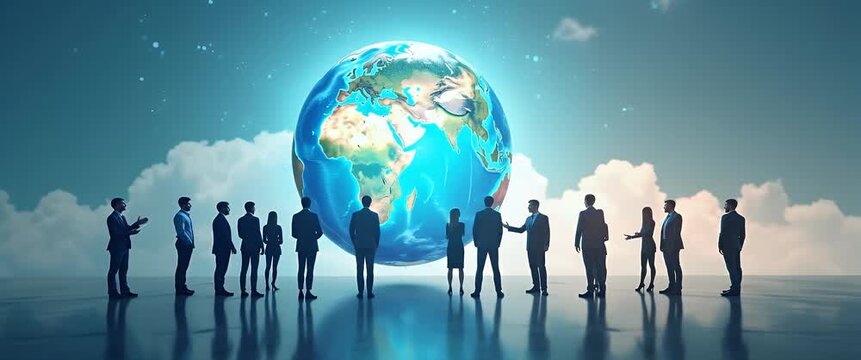 Business professionals engage around a glowing Earth hologram, with gentle ambient motion and a slow pan capturing the cinematic atmosphere, highlighting global collaboration and innovation.