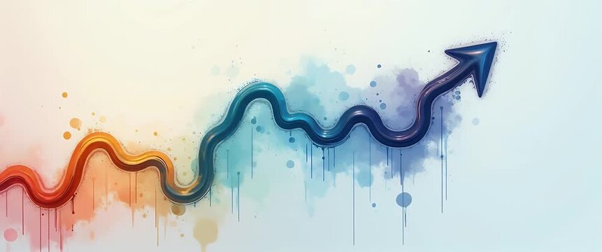 Dynamic watercolor arrow graphically ascends across the canvas, with gentle ambient motion creating a fluid, evolving narrative; camera pans slowly to highlight business growth and success.
