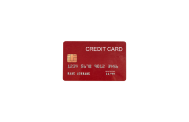 Top view of a credit card with gold chip and silver embossed numbers isolated on white background. Generic mockup template for banking, finance, and shopping concepts.