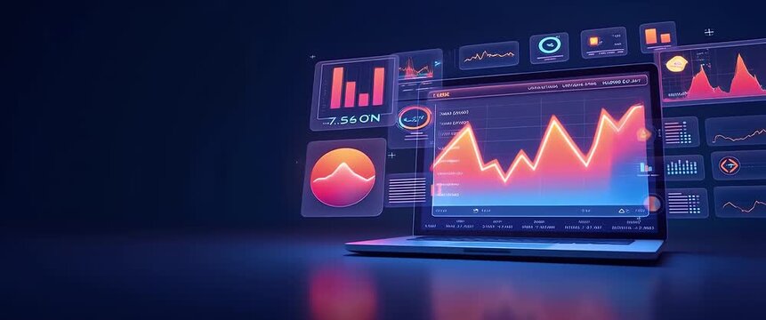 Futuristic financial data visualization on a laptop screen, with dynamic graphs pulsing to life; the camera slowly pans across a sleek, modern interface in a cinematic, high-tech style.