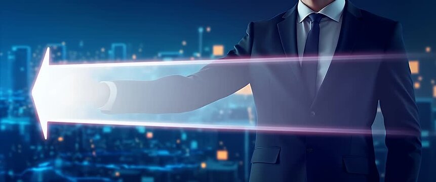Business professional points towards a glowing digital arrow, as the camera slowly pans across a futuristic cityscape with dynamic, flickering lights; cinematic, innovative, technology-driven.
