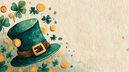 Horizontal St. Patrick's Day card with leprechaun hat, clover, gold coins, watercolor style, airy and joyful mood, space for greeting text.