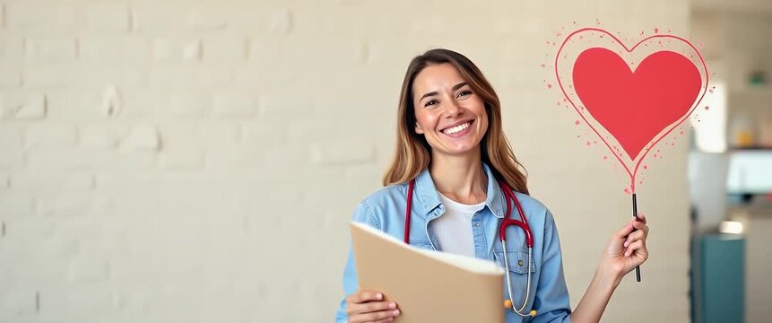 Smiling female doctor holding heart-shaped sign gently sways, as camera slowly pans across bright clinic setting; cinematic ambiance highlights healthcare, compassion, and medical care themes.
