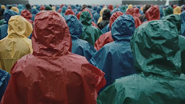 Abstract Crowd in Colorful Raincoats: A Visual Metaphor for Conformity