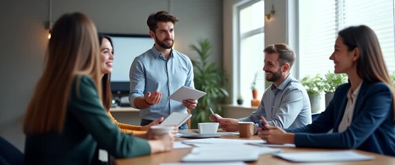 Dynamic business meeting with engaged professionals exchanging ideas, as the camera slowly pans across the modern office setting, enhancing the collaborative ambiance in a cinematic style.