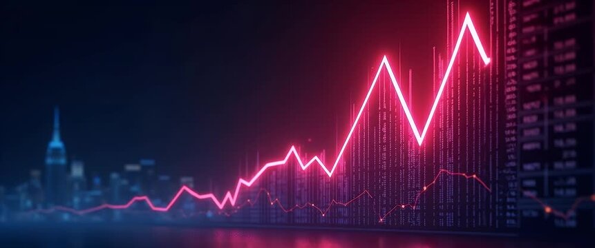 Dynamic financial graph rises sharply with glowing red line, as camera steadily tracks left, city skyline subtly illuminated; modern, cinematic style illustrating stock market growth.