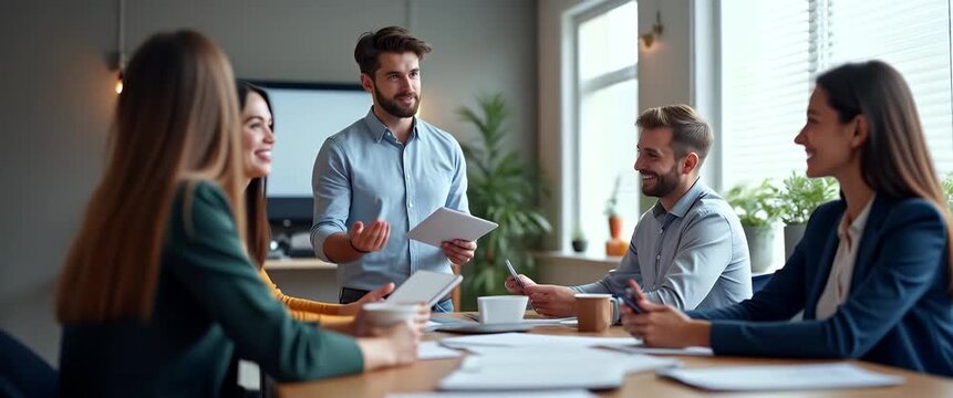 Dynamic business meeting with engaged professionals exchanging ideas, as the camera slowly pans across the modern office setting, enhancing the collaborative ambiance in a cinematic style.