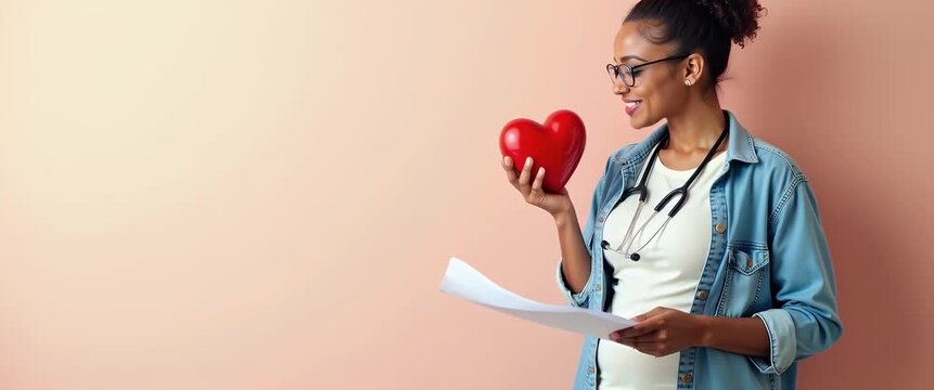 Smiling healthcare professional holding a heart model, papers in hand, as the camera slowly pans; ambient light flickers in a pastel-toned, cinematic scene reflecting wellness and empathy.