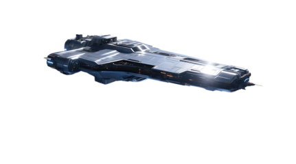 A sleek silver spaceship soars through the dark vastness of outer space with precision and power.