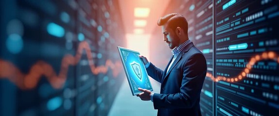 Businessman examines digital security interface in a futuristic server room; ambient lights flicker as the camera slowly pans, creating a cinematic tech innovation atmosphere. - Powered by Adobe