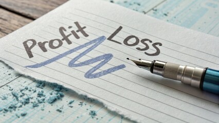 A pen writing over the word Profit and Loss on paper