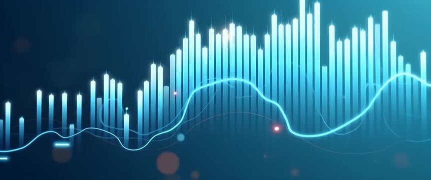 Glowing data charts rise dynamically on a blue background as the camera pans slowly, with abstract lights flickering gently, creating a futuristic and cinematic financial growth scene.