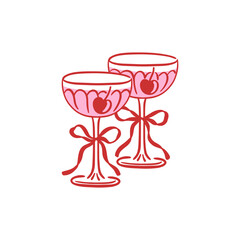 Vector illustration of two champagne glasses with cherries and ribbon bows, ideal for romantic celebration, wedding, Valentine's Day. Hand-drawn cocktail saucers for greeting card, invitation, poster