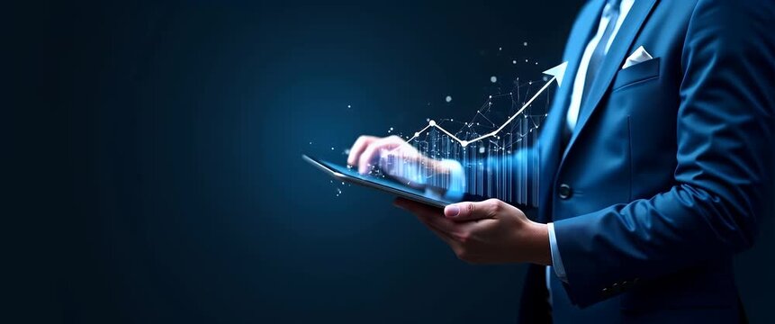 Business professional holding a digital tablet with holographic data charts, camera slowly panning in a modern office setting; cinematic, technology-focused scene with gentle ambient lighting.