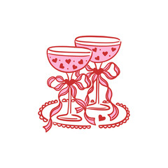 Two champagne saucers decorated with hearts and pink ribbon bows on tray. Hand drawn vector illustration of drinks. Love, wedding and Valentine's Day. Design for greeting card, invitation, poster