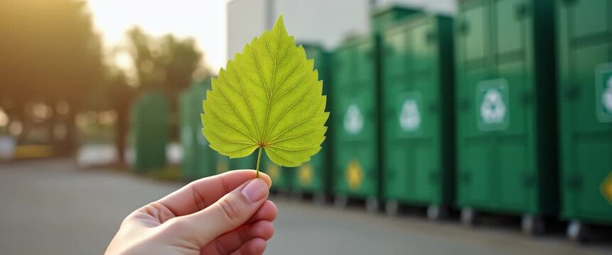 A hand gently holds a vibrant green leaf in front of a row of recycling bins, as the camera slowly pans to reveal the eco-friendly scene, in a cinematic and sustainable style.