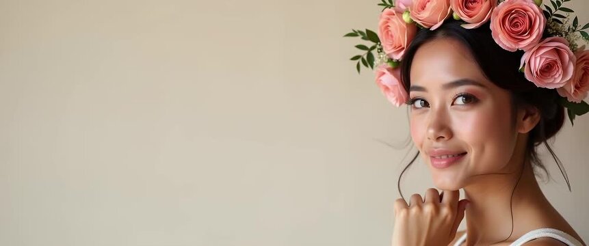 Elegant woman with floral crown gazes serenely, her gentle motion complemented by a soft breeze; camera slowly pans across a minimalist, pastel background in a cinematic style.