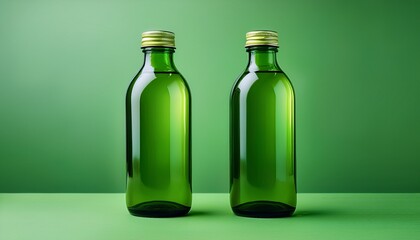 two green glass bottles isolated on a green seamless background great for health beverages and other nature related concepts
