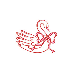 Swan with pink ribbon bow and heart-shaped detail. Hand drawn outline vector illustration in red and pink colors. Love, elegance, and romantic concept. Design for greeting card, wedding invitation