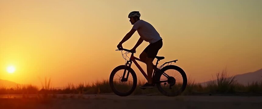 Cyclist rides steadily against a vibrant sunset backdrop, as the camera smoothly pans to capture the scenic horizon, grasses swaying gently in a cinematic, inspiring landscape.