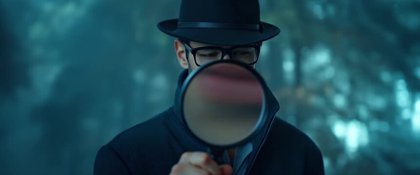 Mysterious detective examines clues through a magnifying glass, as the camera slowly pans to reveal a foggy forest backdrop with ambient light flickering, in a cinematic film noir style.