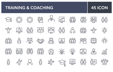 education and training line icon set, 45 outline icons for coaching, mentoring, teamwork, meetings and conferences, editable stroke vector illustrations for web and apps.