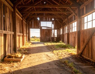 Fototapeta premium Bright Sunlight Illuminates Rustic Barn Interior with Wooden Framework
