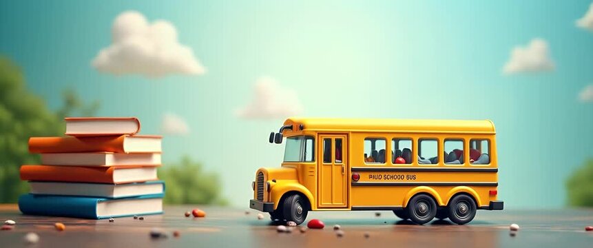 A miniature school bus with stacked books drives slowly along a wooden surface against a vibrant sunrise, while the camera pans smoothly to capture the cinematic journey through fluffy clouds.