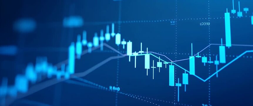 Dynamic stock market graph fluctuates as camera slowly pans, highlighting vibrant data analysis in a cinematic style, ideal for business and financial presentations.