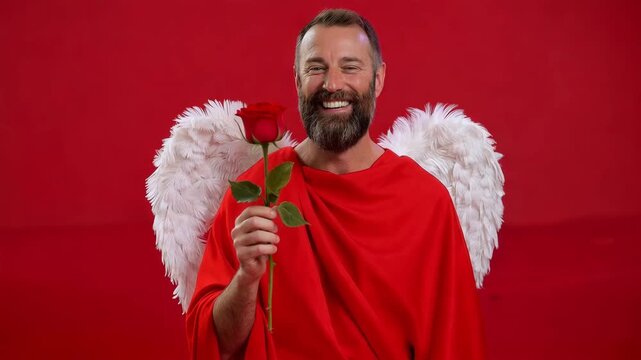 A smiling bearded man in a cupid costume offers a red rose. Angel with wings on a red background for Valentine's Day. Humorous love and romance concept