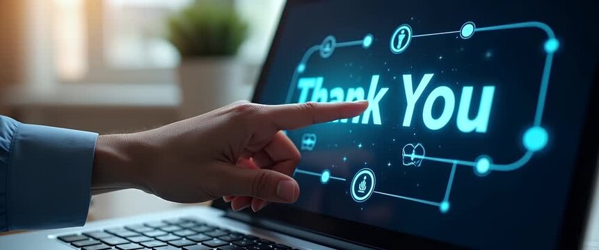 Businessman using laptop and touching the message thank you on the display screen concept of thank you business congratulations appreciation gratitude presentation from technology digital. concept as 
