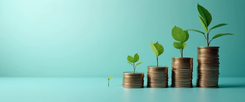 Stacks of coins with growing plants sway gently, symbolizing financial growth; a slow pan accentuates the serene, minimalist scene, ideal for business and investment concepts.