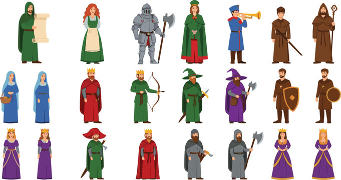 Set of medieval kingdom characters including kings queens knights wizards and peasants in various traditional historical costumes isolated on white background vector