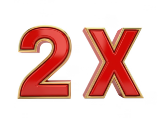 Vibrant red 3d numbers two and x with golden outline isolated on transparent background