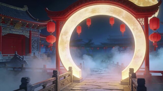 Cinematic walkthrough inspired by a moon‑gate scene with slow forward motion through the illuminated archway. Lanterns sway gently as soft moonlight shifts across drifting mist.