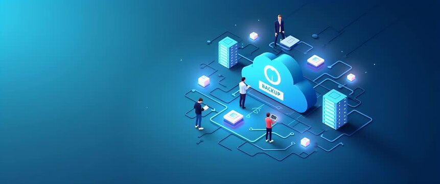 Team collaborates around cloud network backup, camera pans slowly across digital landscape, servers pulse gently, in a sleek, futuristic animation style, ideal for technology marketing.