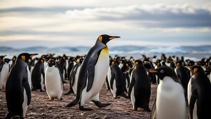 Colony of King Penguins on Rocky Coast.