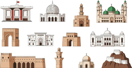 Set of Islamic architectural landmarks and Middle Eastern heritage buildings including mosques ancient forts and traditional white stone monuments vector illustration