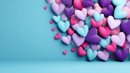 Colorful hearts cascade on a light teal background