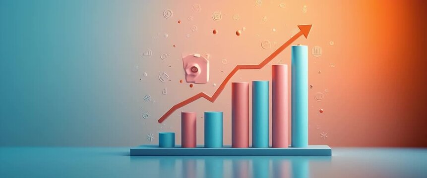 Colorful 3D bar graph rises dynamically as the camera slowly pans, illustrating business growth and financial success in a modern, cinematic style with ambient lighting shifts.