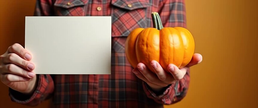 Hands holding a vibrant pumpkin and blank card, with gentle ambient motion and a slow camera pan, in a warm, autumn-themed cinematic style, perfect for seasonal promotions.