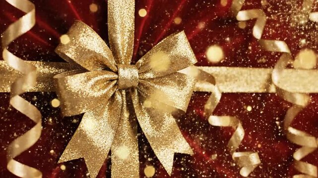 Close up of a festive gift box with a golden bow and ribbon against a textured background