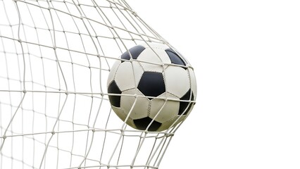 Naklejka premium Soccer ball in goal net isolated on a white background with shadow. AI GENERATED.