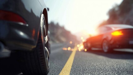 Gray car on a highway at sunset.  Blurred background