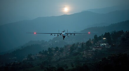 Drone over mountain village at twilight