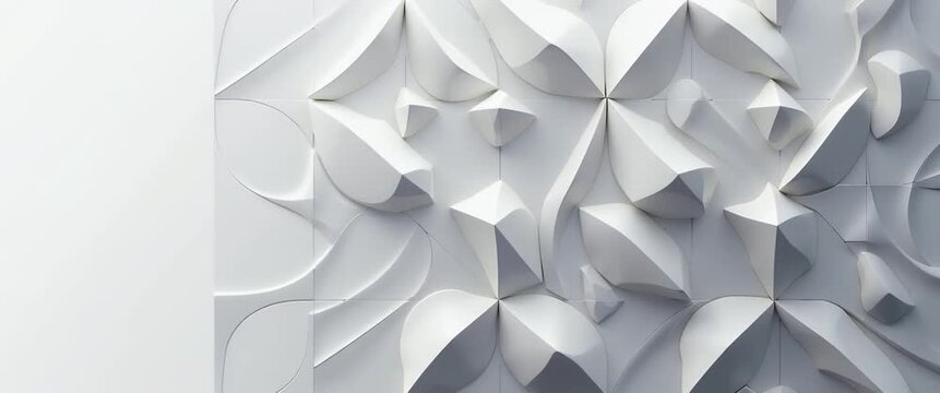 Modern abstract wall art with geometric shapes gently casting shadows, as the camera slowly pans across the textured surface, enhancing the minimalist design in a serene, cinematic style.