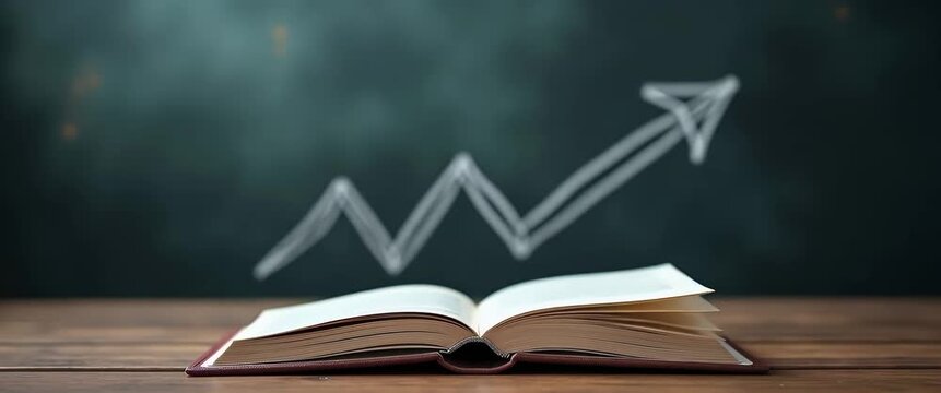 Open book pages gently flutter as a chalk-drawn arrow ascends, with a slow cinematic pan capturing the scene's inspiration and growth, ideal for educational and business themes.